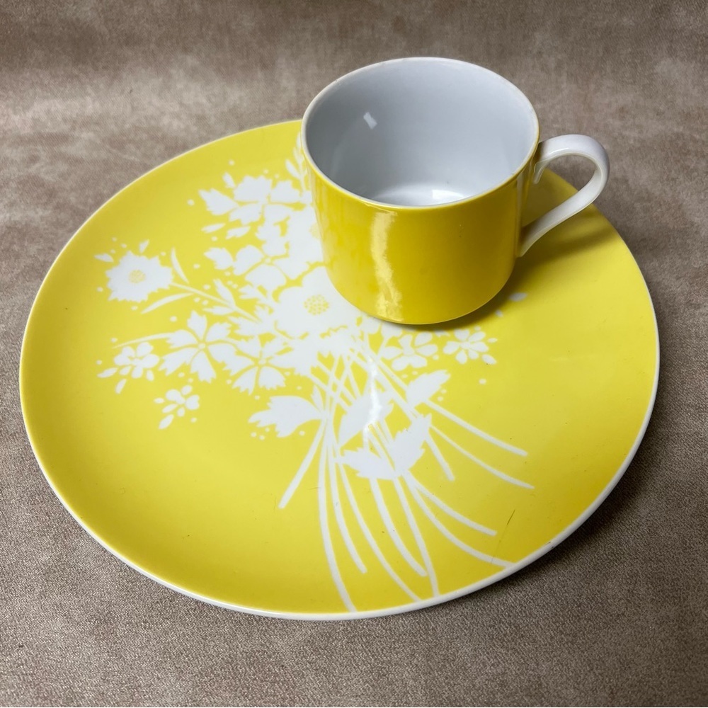 Vintage Fitz & Floyd Silhouette Bouquet Yellow Snack Dessert Plate & Cup